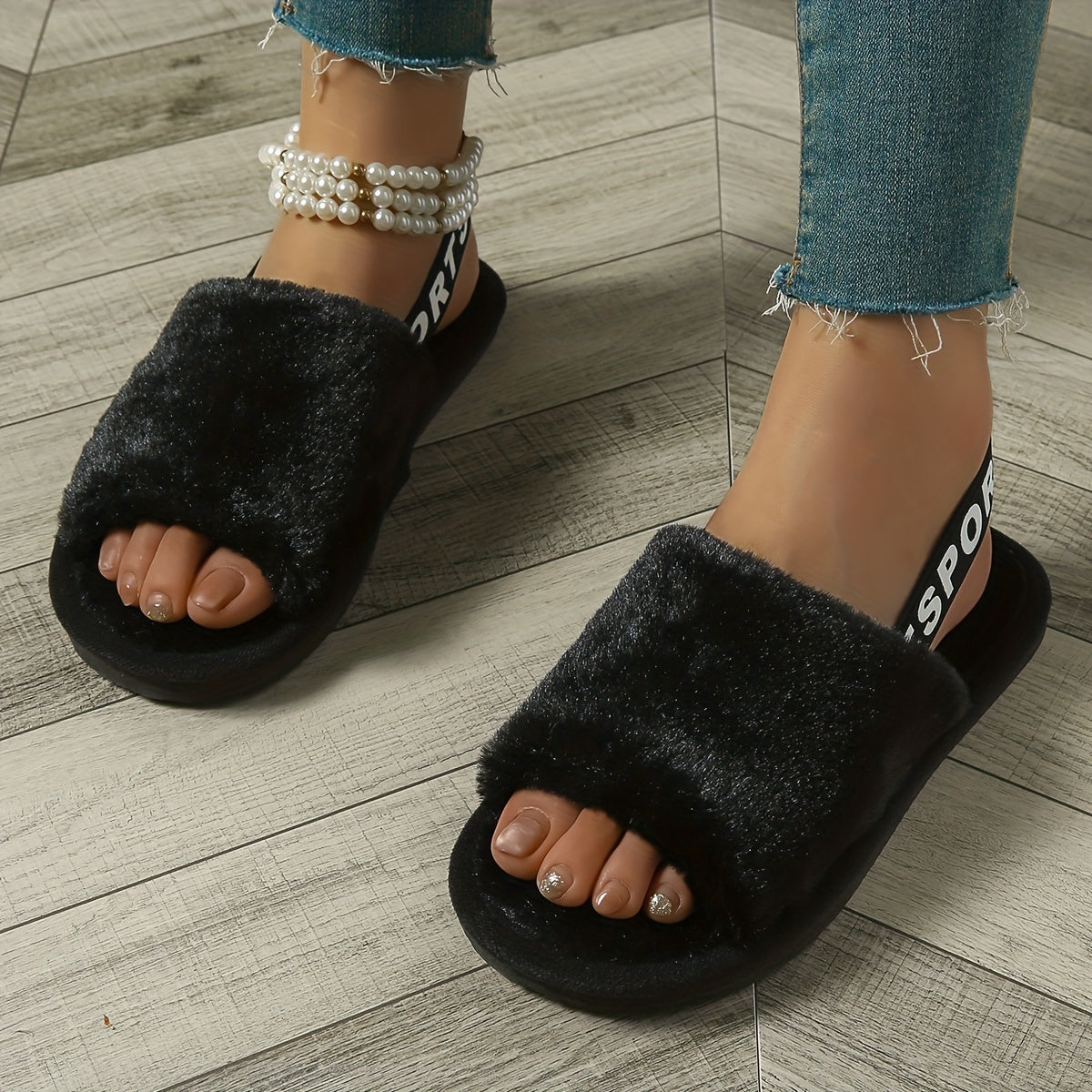 Women's Cozy Fuzzy Lined Open-Toe Slippers – Soft Plush House Shoes with Adjustable Strap & Elastic EVA Sole